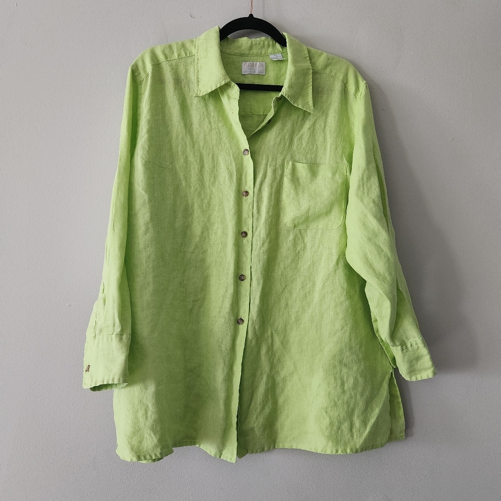 Elisabeth Petite 16P Lime Green Longsleeve Linen Blouse Womens Summer Top